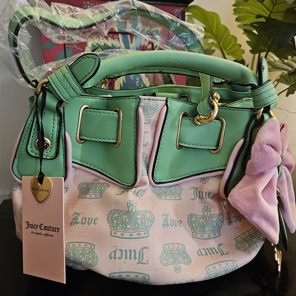 Juicy Couture Fan Club Satchel Green and Pink Women's Bag